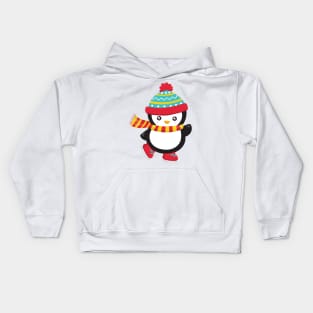 Christmas Penguin, Ice Skating Penguin, Hat, Scarf Kids Hoodie